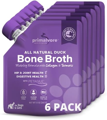  Primalvore All-Natural Duck Bone Broth For Dogs&Cats, Mobility Formula W/Collagen Peptides Supports Hip & Joints, Digestion, Skin&Coat And Hydration, Grain Free, Human Grade, Made In USA. Duck 2 Pack