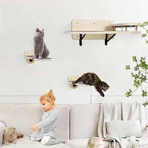  Cat Wall Shelves With 2 Steps,Cat Wall Mounted Shelves And Perches Set,Cat Wall Furniture With 2 Cat Bowls For Indoor Cats,Cat Climbing Shelf Hammock With Climbing Shelf Perches Plush Covered