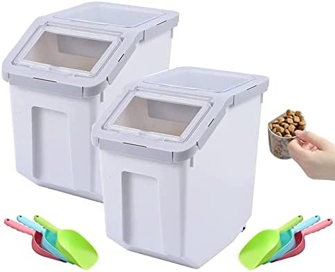  YXQ Dog Food Storage Container Airtight Box Grey,10kg Bulk Dry Food Grain Storage Barrels Sealed Bucket,Pets Food Bin With Seal Locking Lid, Wheels,Measuring Cup,1pcs Scoops(Random Color)…