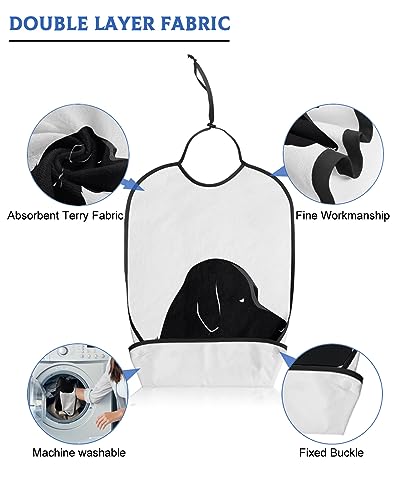  Funnywall88 Adult Bibs Black Puppy Dog Pets Waterproof Apron For Elderly, Women For Eating With Adjustable Strap Snap Closure - Washable With Optional Crumb Catcher, Reusable, Large