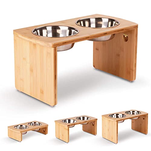  Elevated Dog Bowls, Bamboo Raised Dog Bowl For Large Dogs & Medium Dogs With 2 Stainless Steel Bowls (10'' Tall–48 Oz Bowl)