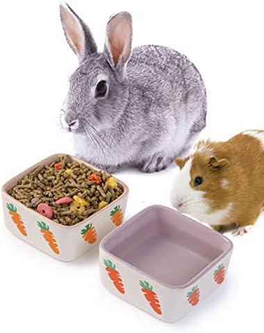  JanYoo Rabbit Accessories Chinchilla Food Bowl And Water Bowls Feeding Ceramic Set For Bunnies Cage Blue Grey (2 Pack)
