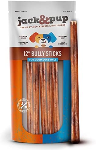  Jack&Pup Thin Dog Bully Sticks Odor Free, Bully Sticks For Dogs, Healthy Dog Treats Bully Sticks For Small Dogs, Beef Dog Chews, Pizzle Chew Sticks For Dogs (12-Inch Thin Bully Stick, 12 Pack)