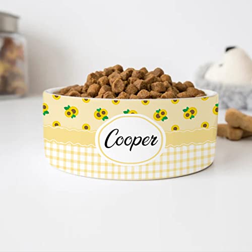 GENERIC Personalized Sunflowers & Yellow Plaid Pattern Pet Bowl, Dog Name Bowl, Cat Name Bowl, Gift For Pets, Ceramic Bowl