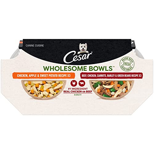  Cesar Wholesome Bowls Adult Soft Wet Dog Food Variety Pack, Beef, Chicken, Carrots, Barley & Green Beans Recipe And Chicken, Apple & Sweet Potato Recipe, (6) 3 Oz. Bowls