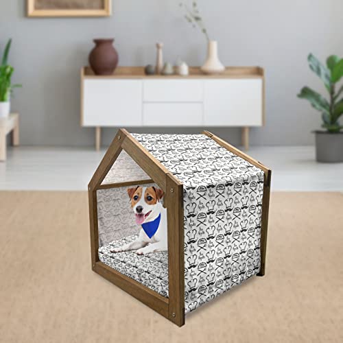  Lunarable Bon Appetit Wooden Pet House, Monochrome Fish Chef Hat And Words Hand Drawn Diner Food Themed Sketch, Outdoor & Indoor Portable Dog Kennel With Pillow And Cover, Medium, Black And White