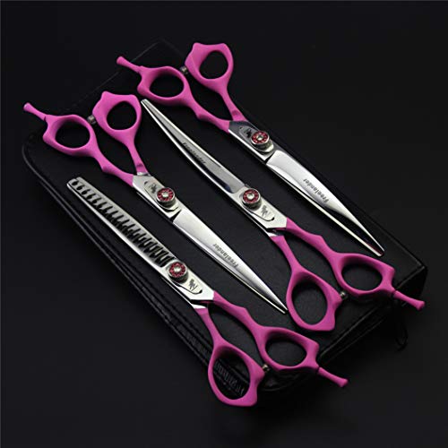  Pet Grooming Scissors Upscale Cat Dog 4 Pcs Set Pink Paint Handle Professional Trimmer Kit Premium 7.0 Inch 6CR Steel Beauticians Straight Cutting & Thinning & Curved Shears Combs