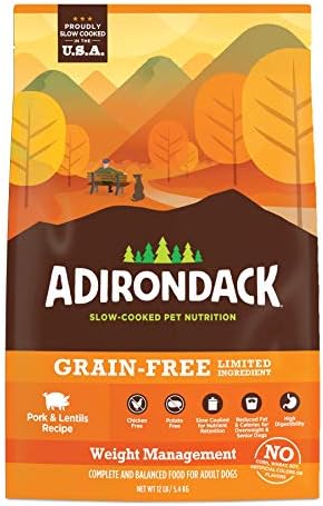  Adirondack Dog Food Made In USA [Limited Ingredient Grain Free Dog Food], Weight Management Dry Dog Food, Pork And Lentils Recipe, 4 Lb. Bag