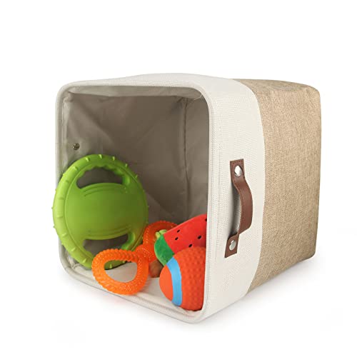  Personalized Dog Toy Box Square Basket With Leather Handles , Custom Name And Paw Pattern Puppy Toy Bin , Storage Baskets For Organizing Food Clothes And Pets Accessories(White Beige)