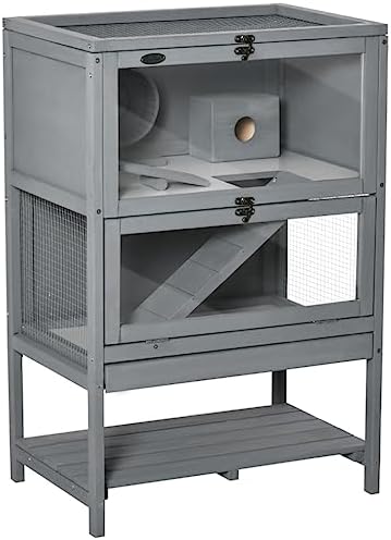  ACQUIRE Grey Wooden Hamster Cage, 2-Tier Small Animals Hutch, W/Storage Shelf, Tray, 23.5" L X 15.75" W X 35.5" H