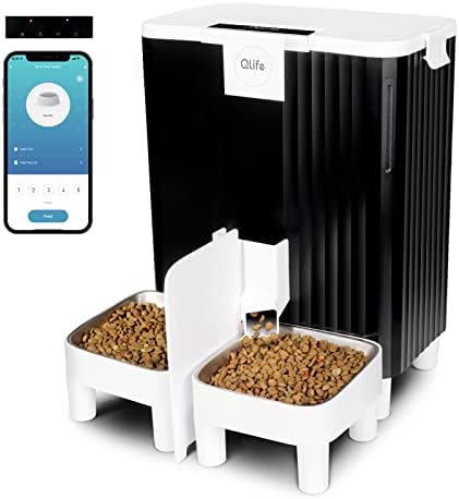  QLIFE Automatic Cat Dog Feeder: Dry Food Dispenser For Dog, Auto Pet Feeder, Portion Control Automatic Dog Feeder (Black WiFi, 4L)