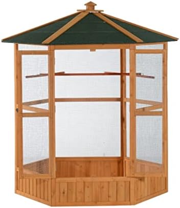  ACQUIRE Large Wooden Aviary Flight Bird Cage With Covered Roof Outdoor Wood Aviary Hexagonal Bird Cage