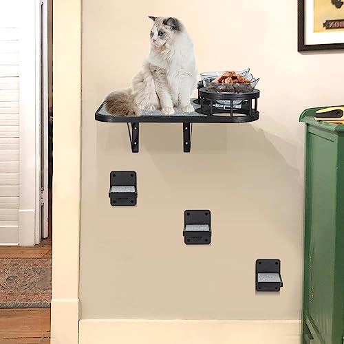  Cat Hammock Cat Wall Shelves With 3 Steps, Cat Scratching Post Cat Hammock And Perches With 2 Cat Food Bowls, Wood Cat Bed Furniture Wall Mounted, Cat Scratching Post Cat Wall Shelf