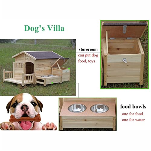  QXWJ Dog House,Wooden Outdoor With Porch Food Bowl Storeroom Pet Log Cabin Style Kennel,Weather Resistant Waterproof Home Pet Furniture,for Small Medium Large Animals