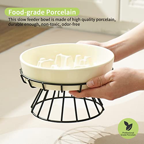  8.25'' Ceramic Slow Dog Bowl With Elevated Metal Stand, 1.75 Cups Non-Slip Puzzle Raised Dog Bowl Feeder, Slow Down Eating Anti-Choking Food Bowl Dish For Small And Medium & Large Dogs - Beige Color