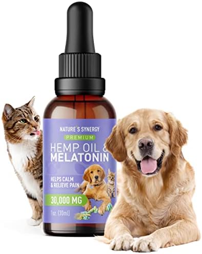  Nature's Synergy Melatonin And Hemp Oil For Dogs, Cats & Pets, Calming Sleep Support, Omega Fatty Acids For Hip And Joint Support, Skin And Coat Health, Stress From Travel, Separation, 2 Pack, 1 Oz