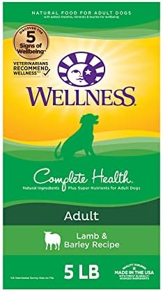 Wellness Complete Health Dry Dog Food With Grains, Natural Ingredients, Made In USA With Real Meat, All Breeds, For Adult Dogs (Lamb & Barley, 5-Pound Bag)