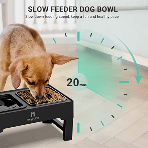  KungFuPet Elevated Dog Bowls, 2-in-1 Raised Slow Feeder Dog Bowls Stand With Anti Spill Water Bowl 4 Height For Large Medium Dogs, Non-Skid No Shaking Dog Food Bowl [Upgrade Version]