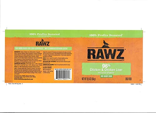  Rawz 96% Meat Canned Wet Food For Dogs 12 Pack/ 12.5 Oz. Cans (Chicken/Chicken Liver)