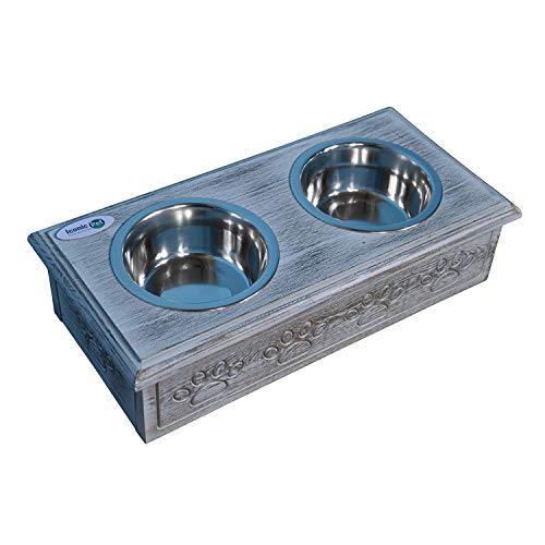  Iconic Pet Sassy Paws Wooden Pet Double Diner With Stainless Steel Food & Water Bowls For Dogs & Cats