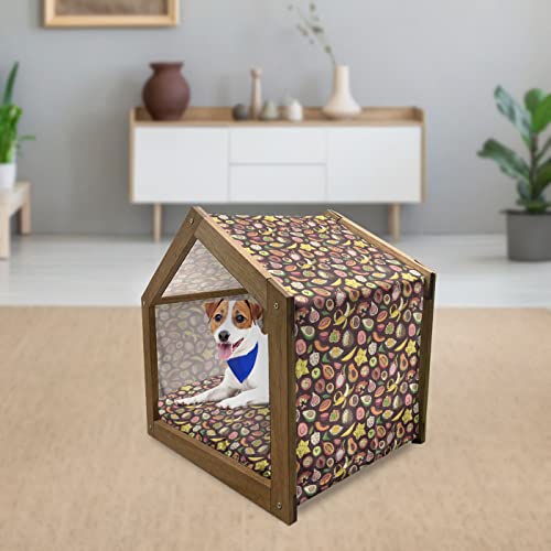  Lunarable Tropical Wooden Pet House, Juicy Veggie Food Pattern On Dark Background Exotic Arrangement Cartoon, Outdoor & Indoor Portable Dog Kennel With Pillow And Cover, Large, Multicolor