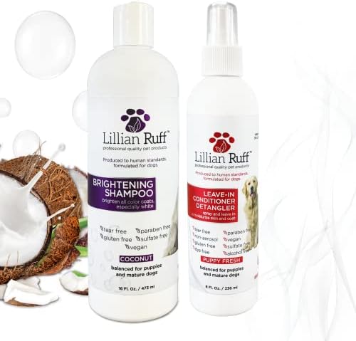  Lillian Ruff Ultra-Brightening Professional Whitening Shampoo For Dogs & Leave-in Dog Conditioner Detangler Spray Set - PH-Balanced Dog Whitening Shampoo & No Rinse Hydrating Dog Conditioning Spray