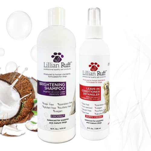  Lillian Ruff Ultra-Brightening Professional Whitening Shampoo For Dogs & Leave-in Dog Conditioner Detangler Spray Set - PH-Balanced Dog Whitening Shampoo & No Rinse Hydrating Dog Conditioning Spray