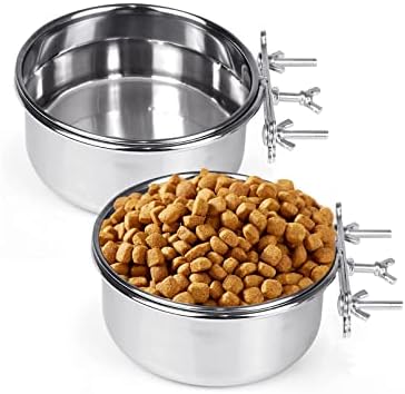  BNOSDM (6.3''x2.36'') 2 Pack Dog Crate Food Water Bowls Stainless Steel Dog Bowl Dish For Cages Non-Spill Hanging Metal Puppy Kennels Bowls For Puppy Medium-Sized Dogs Cats