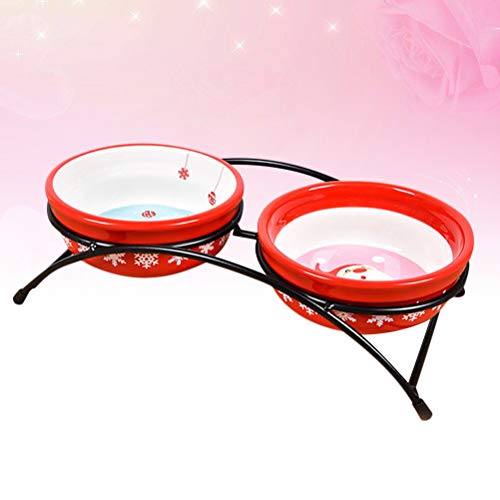 Iplusmile Christmas Supplies Dual Use Cat Bowls Ceramic Bowl Non- Slip Feeding Container Pet Water Food Bowls With Bowl Holder Red