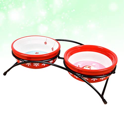  Iplusmile Christmas Supplies Dual Use Cat Bowls Ceramic Bowl Non- Slip Feeding Container Pet Water Food Bowls With Bowl Holder Red