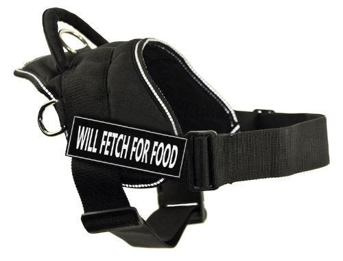  DT Fun Harness, Will Fetch For Food, Black With Reflective Trim, X-Small - Fits Girth Size: 20-Inch To 23-Inch
