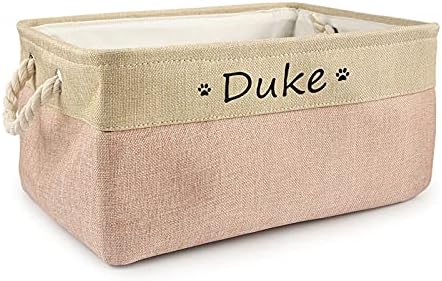  Xingfa Personalized Dog Toy Basket With Name,Custom Dog Toy Basket,Paw Prints Pet Food Storage Container,Dog Toy Box For Small Dogs,New Puppy Supplies (Beige,L 41X32X21cm)