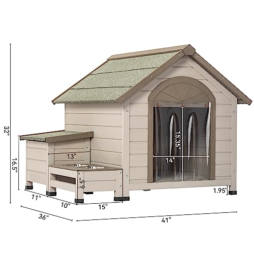 GENERIC Outdoor Fir Wood Dog House With An Open Roof Ideal For Small To Medium Dogs. With Storage Box, Elevated Feeding Station With 2 Bowls. Weatherproof Asphalt Roof And Treated Wood