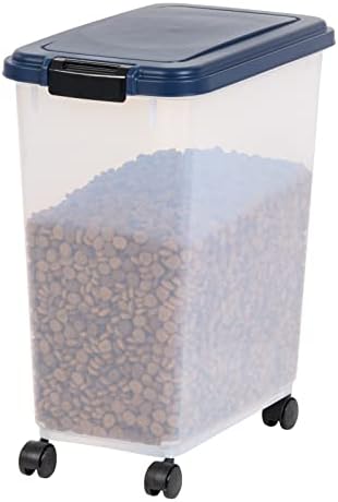 IRIS USA 50Lbs./69Qt. WeatherPro Airtight Pet Food Storage Container With Attachable Casters, For Dog Cat Bird And Other Pet Food Storage Bin, Keep Fresh, Translucent Body, Easy Mobility, Navy