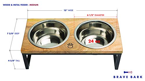  Brave Bark Wood & Metal Feeder - Premium Mango Wood Feeder With Metal Stand, 2 Stainless Steel Bowls For Food Or Water Included, Perfect For Dogs,Cats And Pets Of Any Size, For Home Or Office (Medium)