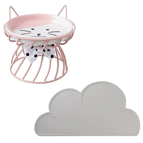  Shiningirl Raised Cat Food Bowls Ceramic Cat Bowl With Metal Stand Elevated Cat Feeding Bowl Cat Dish With Non-Slip Mat Pet Food Bowl For Cats And Small Dogs
