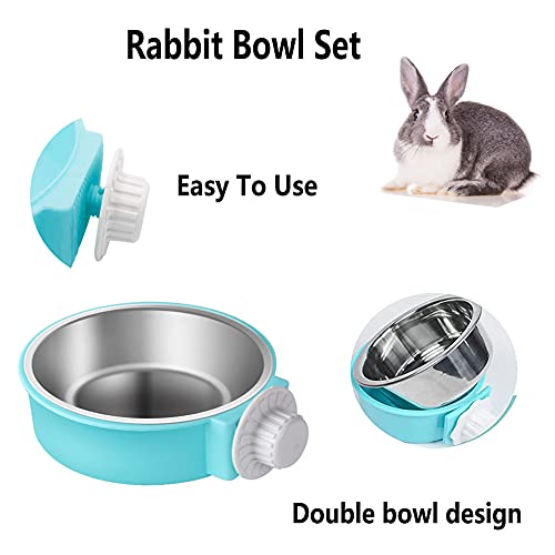  Rabbit Bowls Set, Big Pet Bunny Food Bowls Small Animals Cage Bowl And Stainless Steel Hanging Water Food Feeder Bowls For Big Bunny Food Dish (4 PCS)