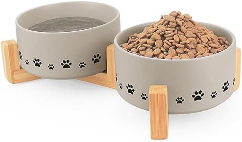  Ptlom Ceramic Pet Bowl For Dogs And Cats, Raised Dog Food And Water Bowl Set With Anti-Slip Wooden Stand, Weighted Pets Dish Feeding Bowls Suitable For Small, Medium, And Large Cat Dog, Beige, 28 Oz