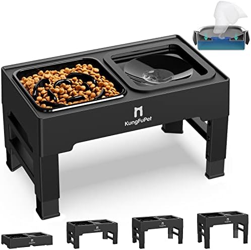 KungFuPet Elevated Dog Bowls, 2-in-1 Raised Slow Feeder Dog Bowls Stand With Anti Spill Water Bowl 4 Height For Large Medium Dogs, Non-Skid No Shaking Dog Food Bowl [Upgrade Version]
