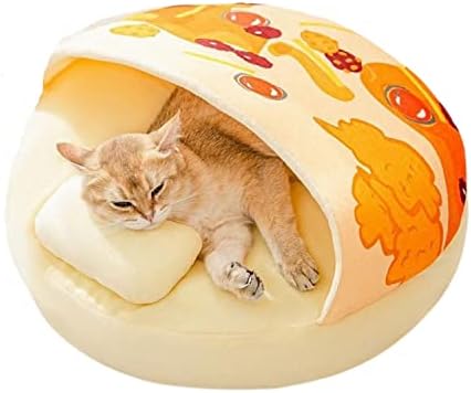 GENERIC Semi-Enclosed Cat Bed - Lovely Round Food Print Kennel Cat Bed Mat Cushion Bed House Kitten Cute Cat Soft Cave Bed For Dog Cat Pet Supply Home Décor