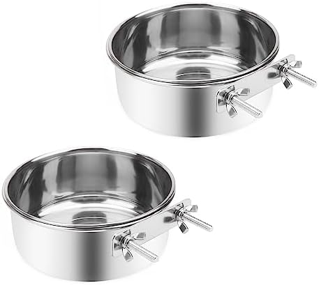  Wontee Pet Food Water Bowl With Clamp Holder Stainless Steel Feeding Cups Feeder For Dog Bird Parrot Cat Rabbit, 2 Packs (L)