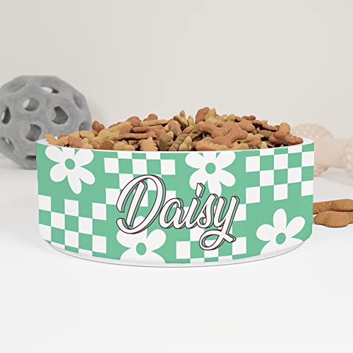 GENERIC Personalized Mint Flowers Checkered Pattern Pet Bowl Custom Pet Name, Daisy Bowl Ceramic For Dogs, Cats Drinking Bowl, Available In Two Sizes