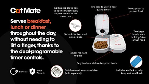  Bundle Of Cat Mate C200 Automatic 2 Meal Pet Feeder, 2X Stainless Steel Bowl Inserts, And Extra Cat Mate Ice Pack