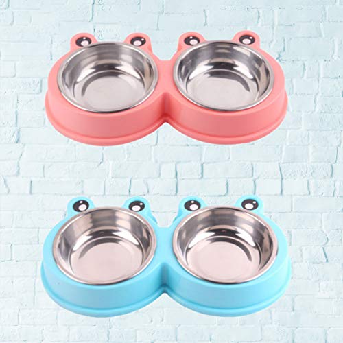 POPETPOP Stainless Steel Cat Bowls Stainless Steel Cat Bowl Pet Double Bowls Frog Shape Dog Cat Food Bowl Stainless Steel Dishes For Cat Dog Kitten Pet Supplies (Blue,) 2pcs Stainless Steel Cat Bowl