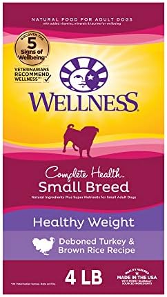  Wellness Complete Health Small Breed Dry Dog Food With Grains, Natural Ingredients, Made In USA With Real Turkey, For Dogs Up To 25 Lbs (Adult, Healthy Weight Turkey & Rice, 4-Pound Bag)