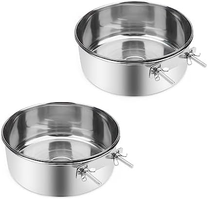  Wontee Pet Food Water Bowl With Clamp Holder Stainless Steel Feeding Cups Feeder For Dog Bird Parrot Cat Rabbit, 2 Packs (L)