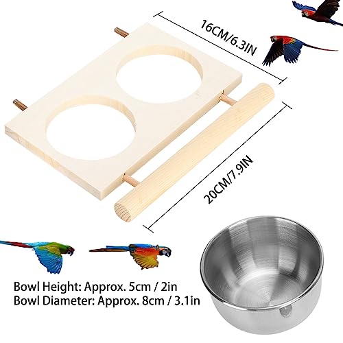  ELAZAYA Bird Food Water Stainless Steel Cups Wooden Perch Feeder Cage Accessory With Stand Hanging Bowls Feeding And Watering Supplies For Parakeets Conures Cockatiels Budgie Parrot(Double Bowls)
