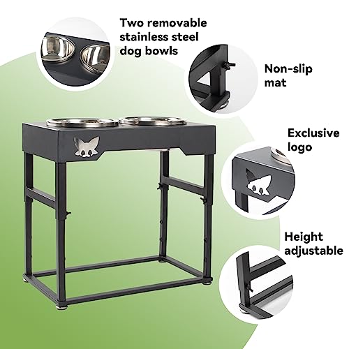  Raised Dog Bowl, Elevated Dog Bowl Adjustable To 3 Heights (9.9", 12", 16") With 2 Stainless Steel Dog Bowls For Small, Medium & Large Dogs Storing Food And Water, Black