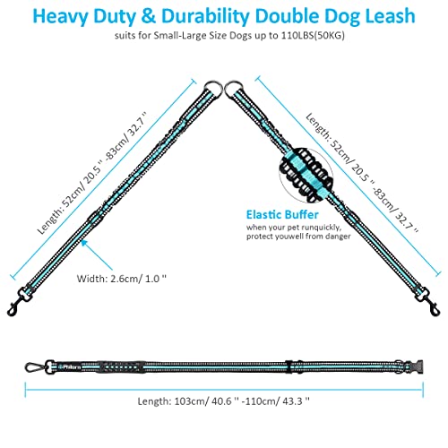  PHILORN Hands-Free Double Dog Leash 110lbs Comfortable Shock Absorbing Reflective Bungee For 2 Dogs Walking Training 66-84 Inch Adjustable No Tangle Dual Dog Leash With Pouch 2 Handles (Black)