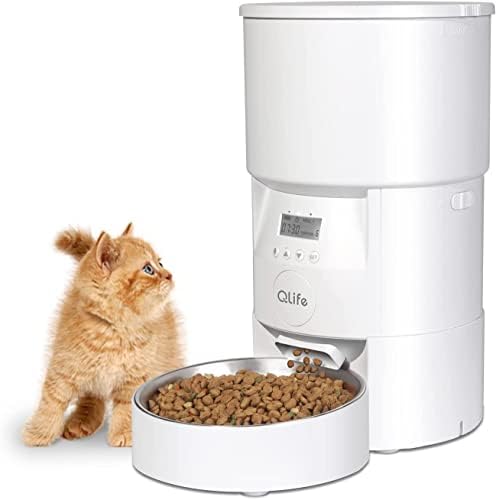  QLIFE Automatic Cat Dog Feeder: Dry Food Dispenser For Dog, Auto Pet Feeder, Portion Control Automatic Dog Feeder (White WiFi, 6L)